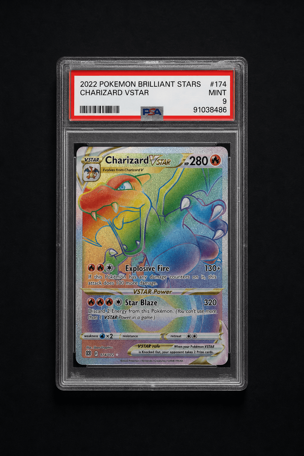 PSA-graded Brilliant Stars Charizard VSTAR rainbow slab, GEM-MT 10