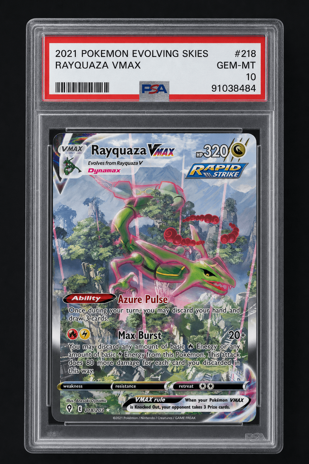 PSA-graded Evolving Skies Rayquaza VMAX alt-art slab, GEM-MT 10