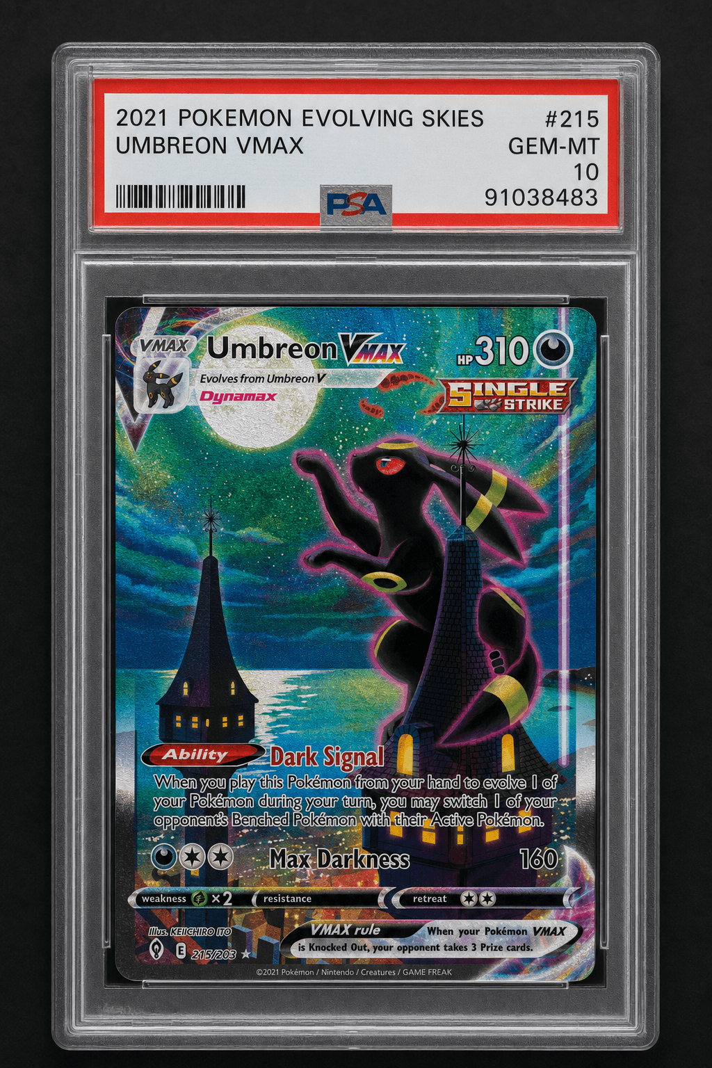 PSA-graded Evolving Skies Umbreon VMAX alt-art slab, GEM-MT 10