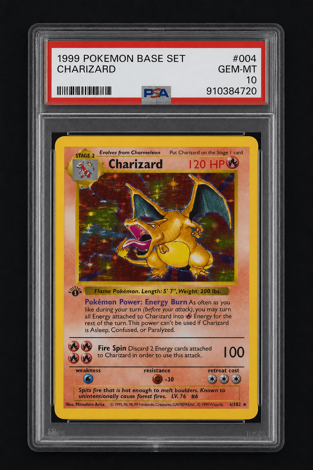 PSA-graded Base Set Charizard holo slab, GEM-MT 10